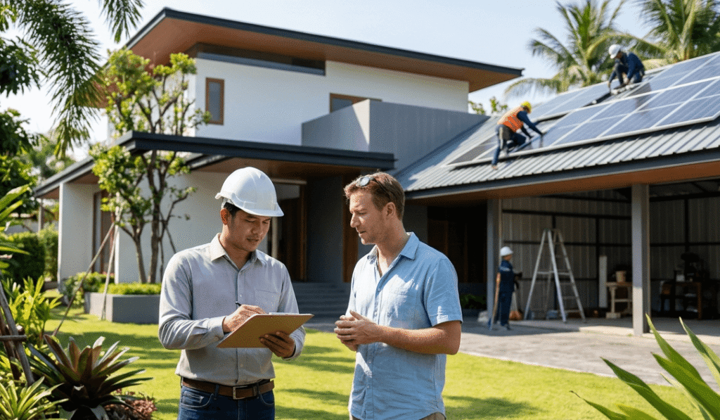 Solar consultants discussing a residential solar panel installation in Thailand