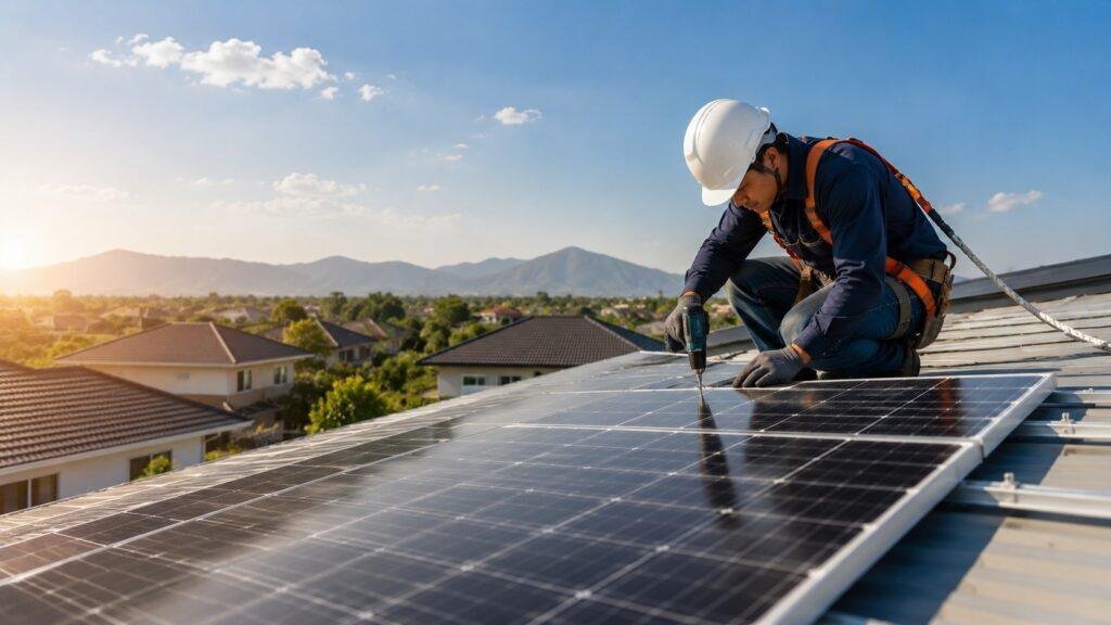 Professional solar engineer installing rooftop solar panels on a home in Thailand using premium solar technology.