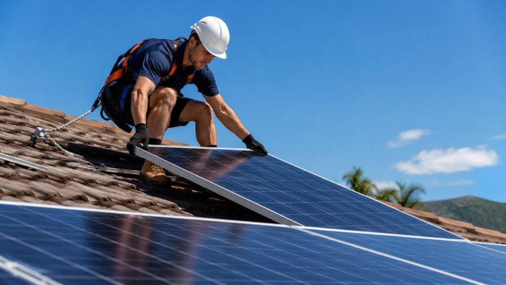 Professional installer fitting solar panels on a residential roof in Thailand for Right Price Solar.