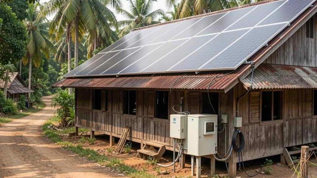 Homeowners saving money with rooftop solar panels installed on a modern home in Thailand to reduce electricity bills.