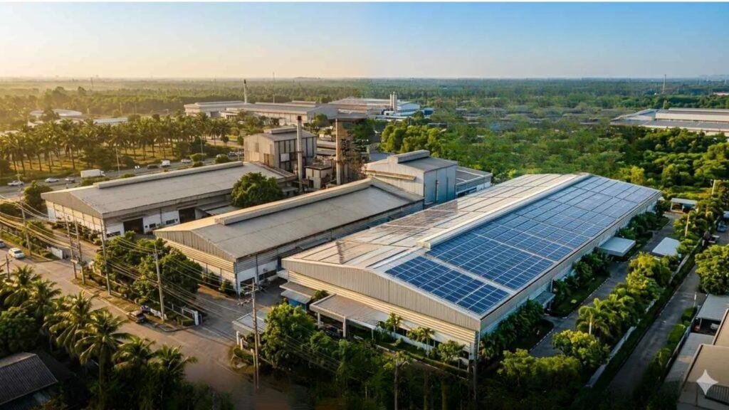 Commercial solar panel installation on a business premises in Thailand helping reduce electricity costs and improve energy efficiency.