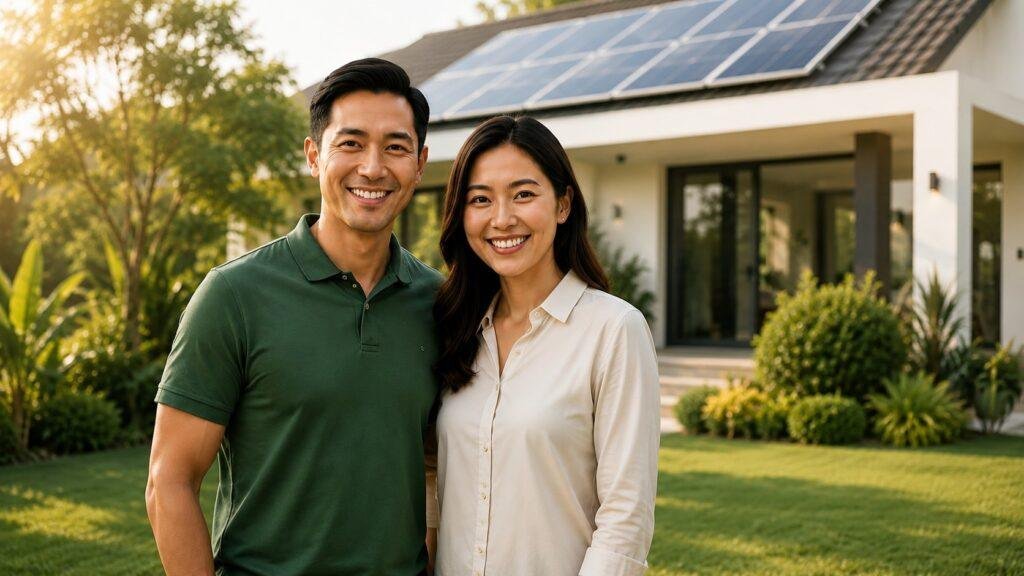 Happy homeowners standing outside their home with rooftop solar panels in Thailand demonstrating how solar panels can power an entire home.