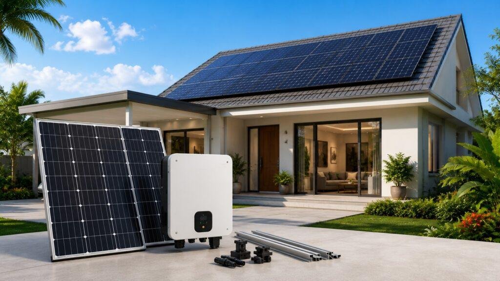 Modern home with roof-mounted solar panels and a 5kW on-grid solar system including inverter and installation components.