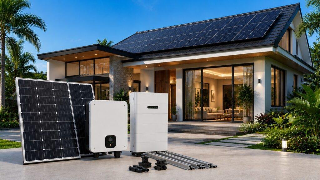 Modern home with roof-mounted solar panels, hybrid inverter and battery storage as part of the HomePlus 5kW 1 Phase hybrid solar package.
