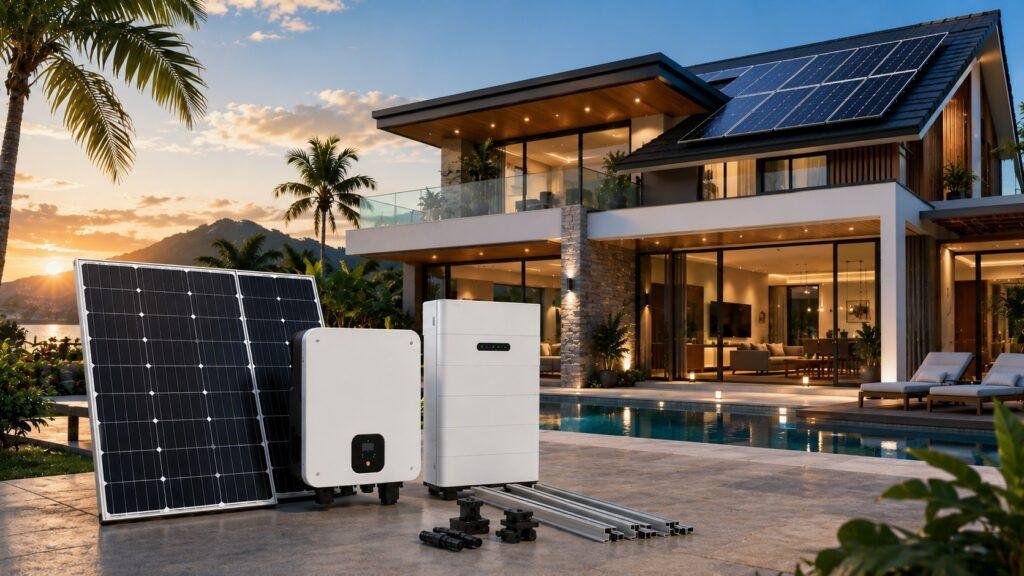 Luxury home with roof-mounted solar panels, hybrid inverter and 10kWh battery storage as part of the HomeMax 5kW 1 Phase hybrid solar package.