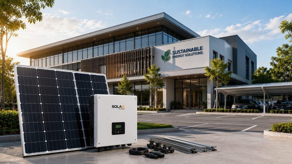 Commercial-style property with roof-mounted solar panels and a 5kW 3 Phase on-grid solar system including inverter and installation components.