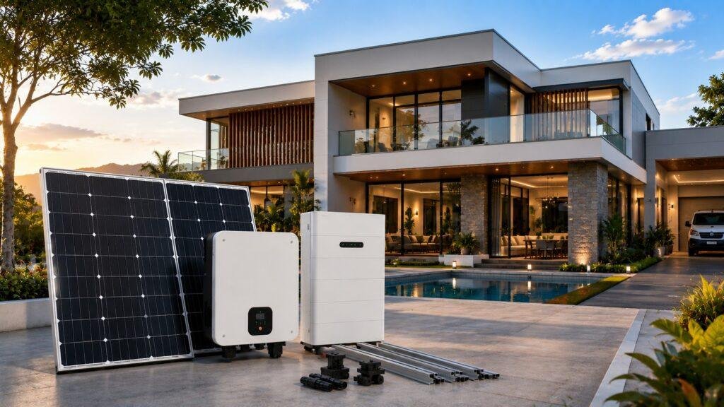 Modern luxury home with roof-mounted solar panels, 3 Phase hybrid inverter and battery storage as part of the EnergyPro 5kW hybrid solar package.