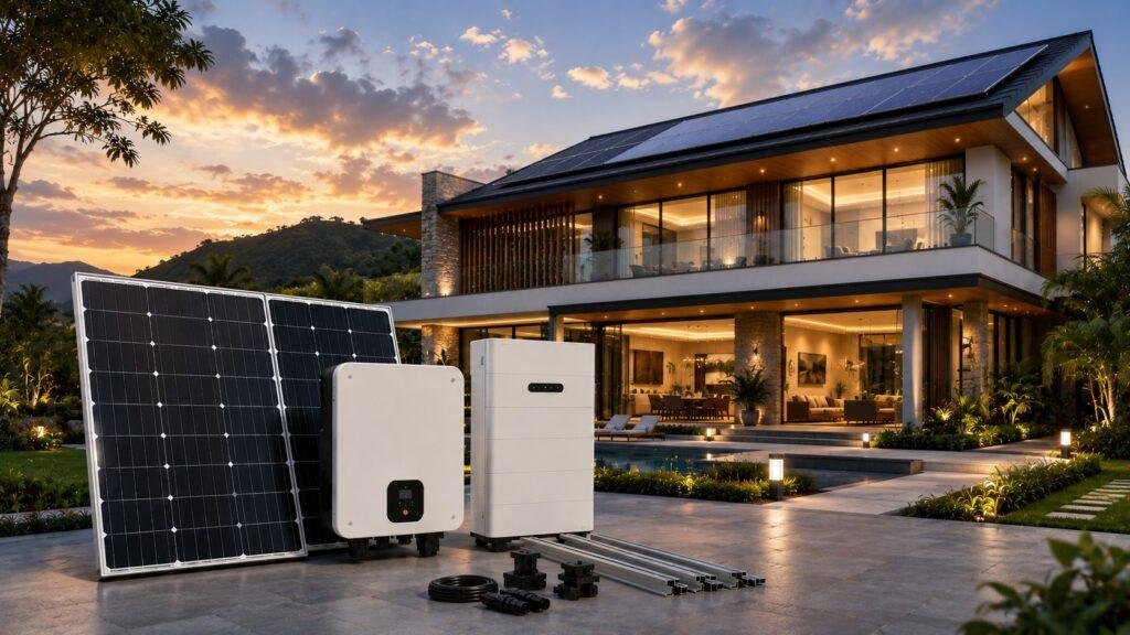 Luxury home with roof-mounted solar panels, 3 Phase hybrid inverter and 10kWh battery storage as part of the Ultimate Energy 5kW hybrid solar package.