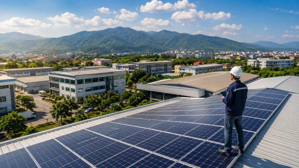 Commercial solar panels helping a Chiang Mai business reduce electricity costs