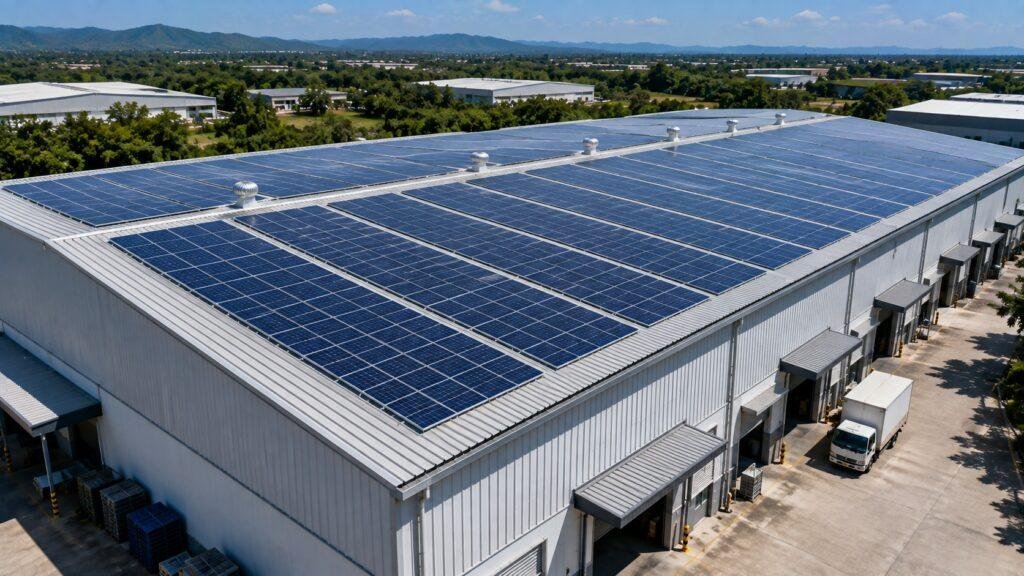Solar panels installed on a warehouse in Chiang Mai
