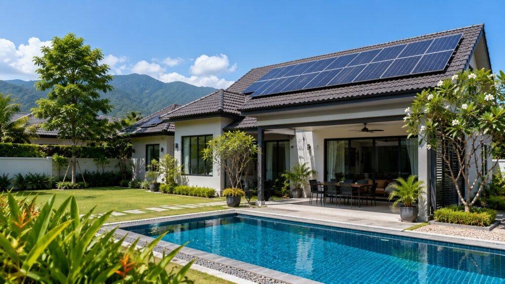 Residential swimming pool powered by solar energy in Chiang Mai, Thailand