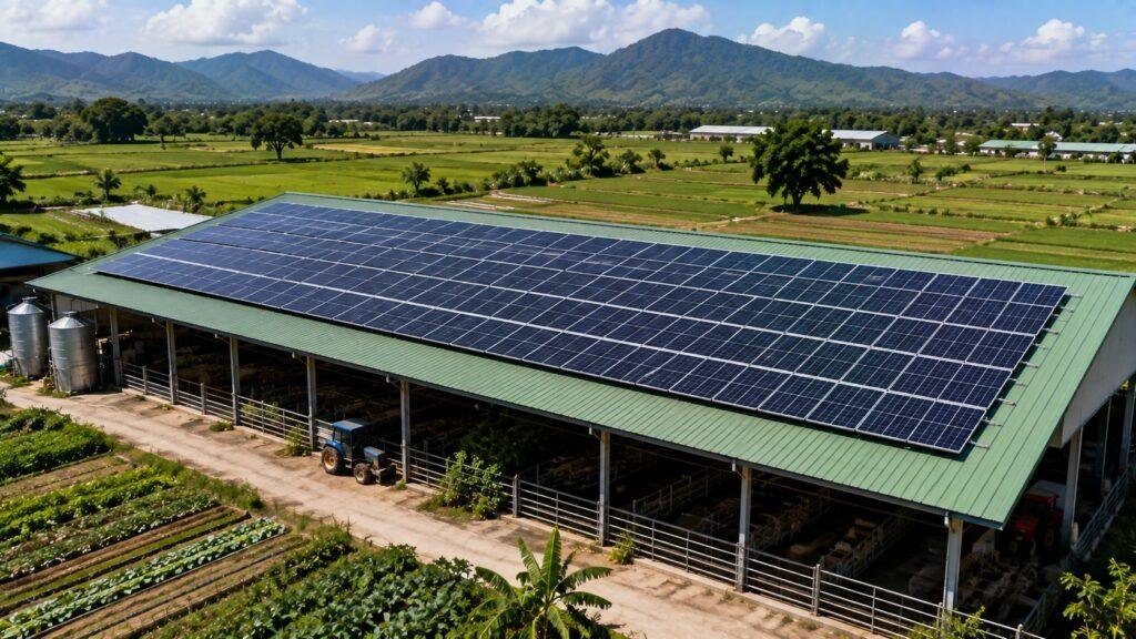 Off-grid solar panel and battery system powering a rural property in Thailand with independent renewable electricity.