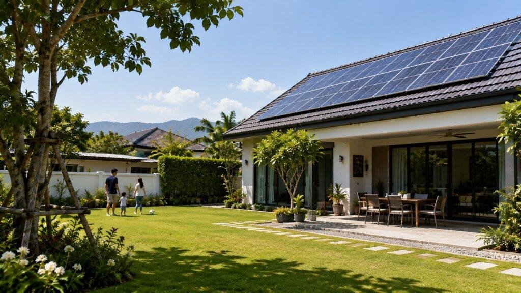 Solar panels helping power air conditioning in Chiang Mai, Thailand