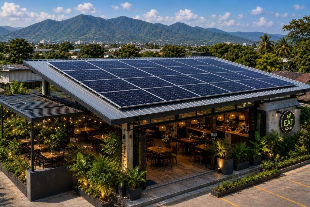 Solar panels installed on a restaurant in Chiang Mai