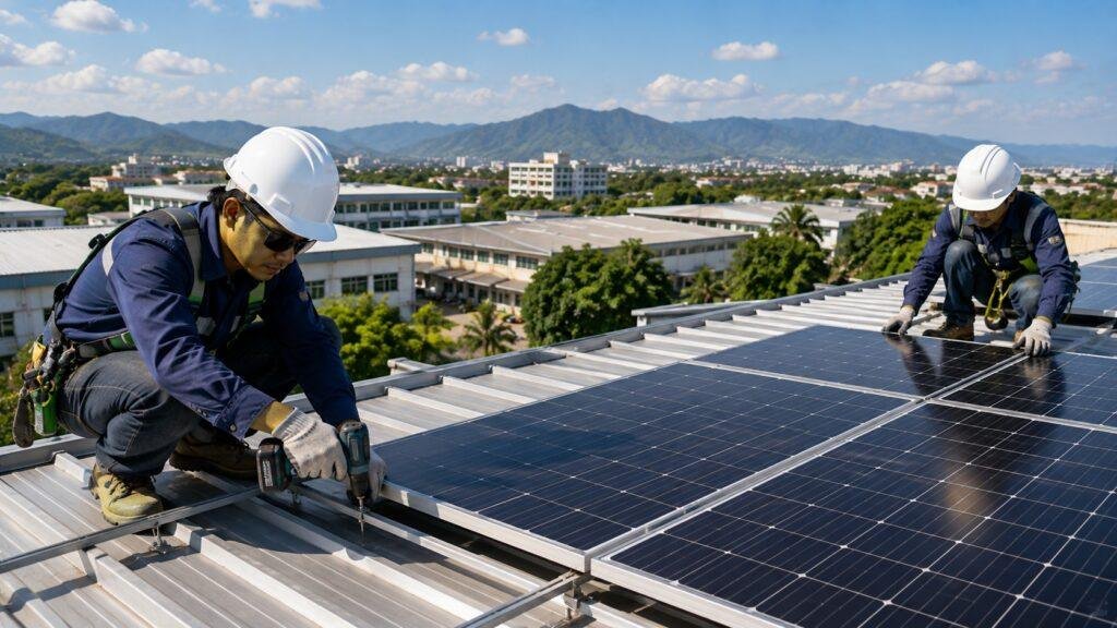 Professional residential solar panel installation on a home in Chiang Mai, Thailand.