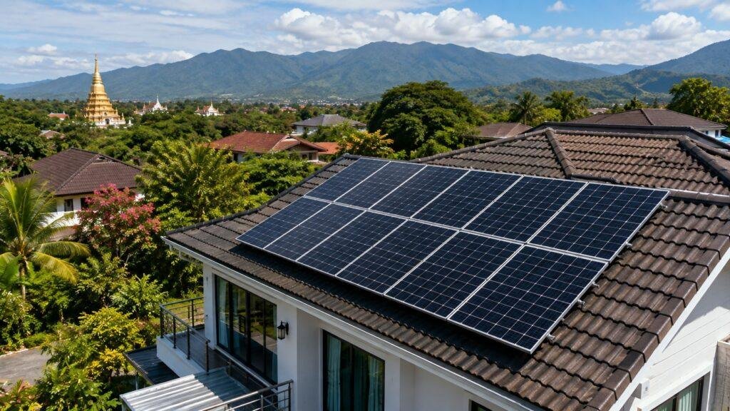Modern home in Thailand with rooftop solar panels generating clean renewable electricity and helping reduce household energy costs.
