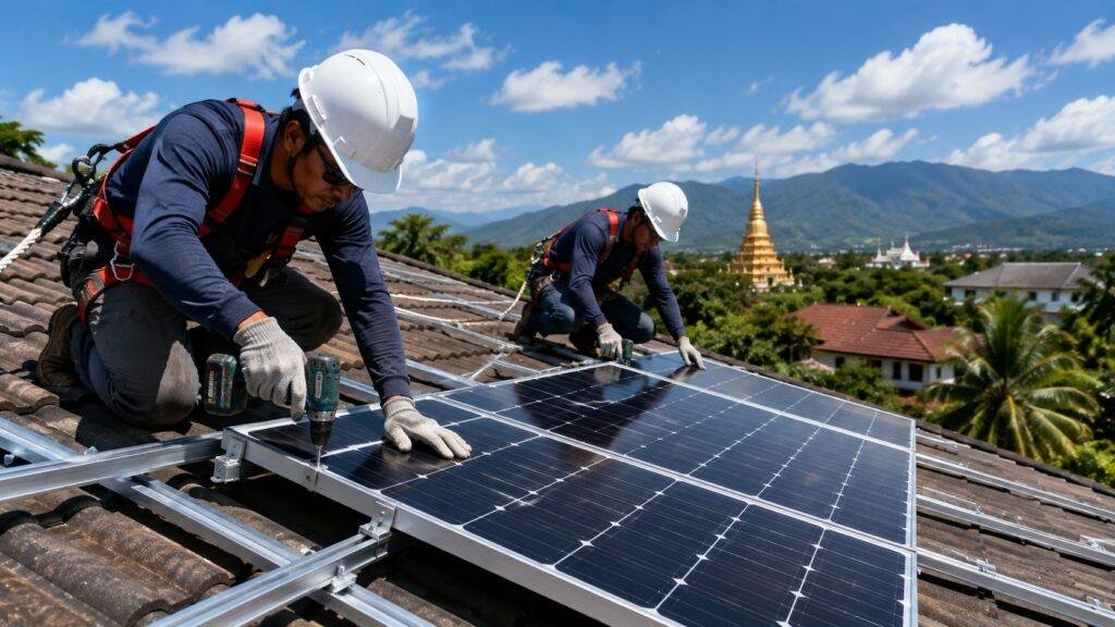 Modern home in Thailand with an on-grid rooftop solar system generating renewable electricity to help reduce household electricity bills.