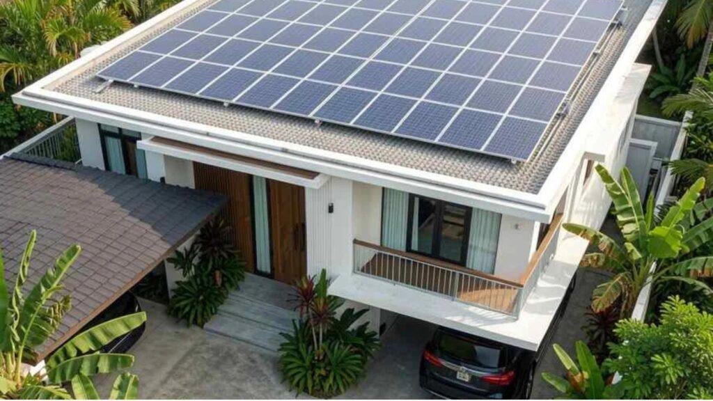 Residential solar panels installed on a modern home in Rayong helping homeowners reduce electricity bills with clean renewable energy.