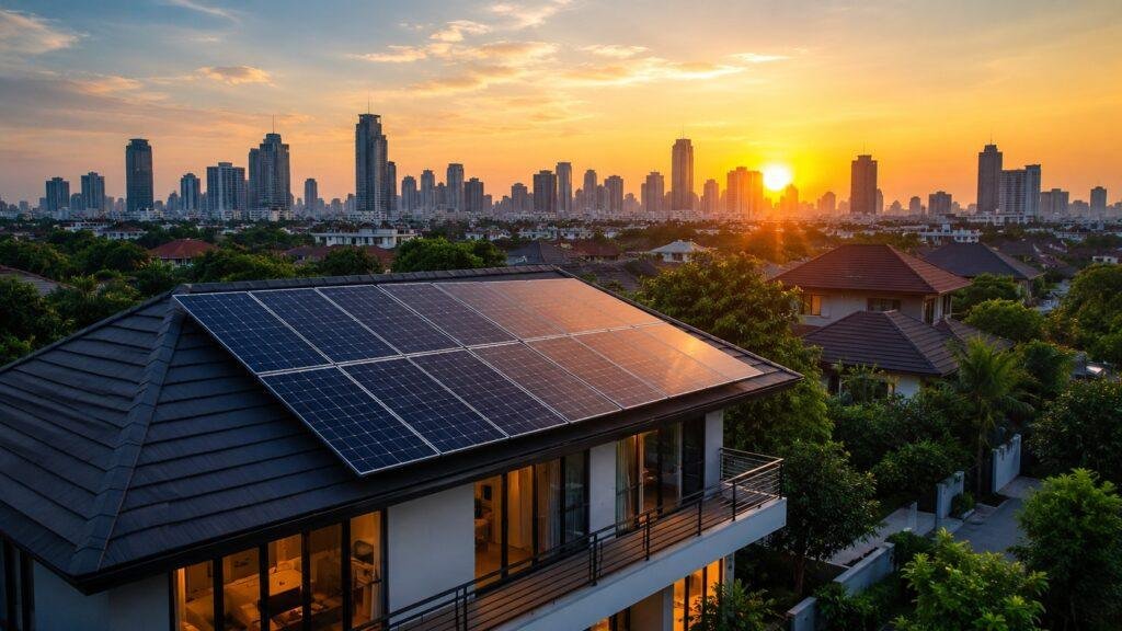 Commercial solar panels installed on a business premises in Thailand helping companies reduce electricity costs with clean renewable solar energy.