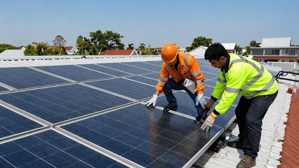 Commercial solar panels installed on a business in Thailand helping companies lower electric bills through renewable solar energy.