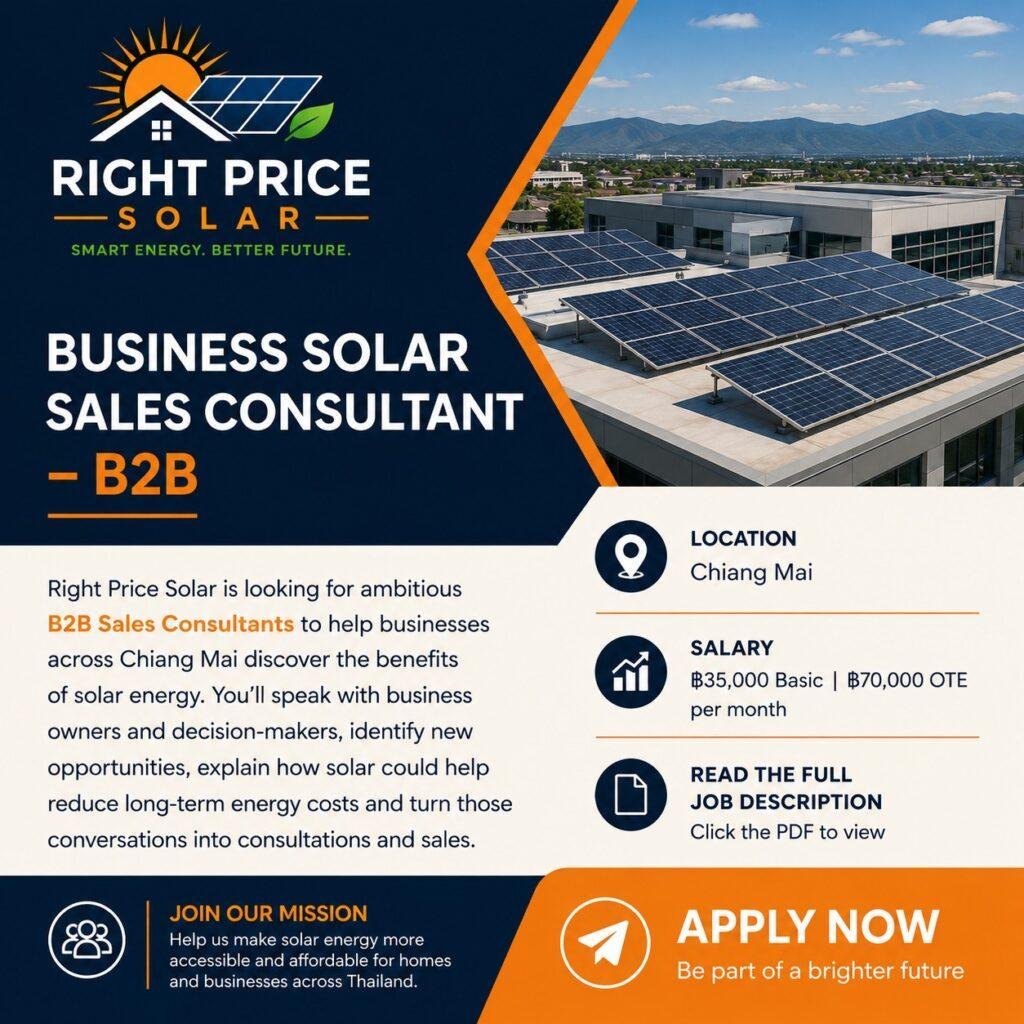 Business Solar Sales Consultant B2B job vacancy in Chiang Mai at Right Price Solar